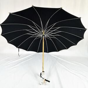 Vintage Black Parasol Umbrella Carved Clear Lucite Handle Wood Shaft